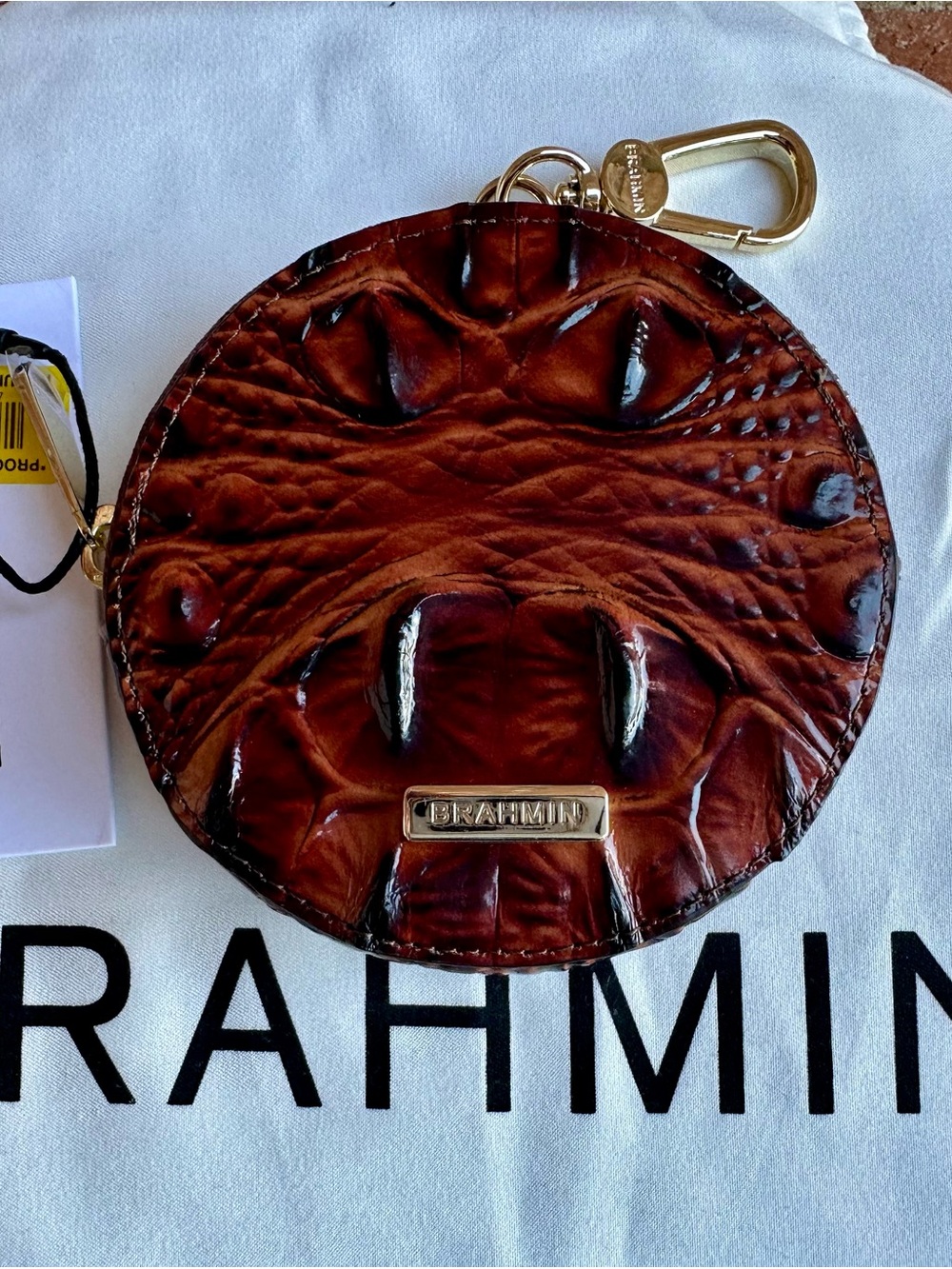 Brahmin Brown Croc-Embossed Round Coin Pouch with Gold Clip